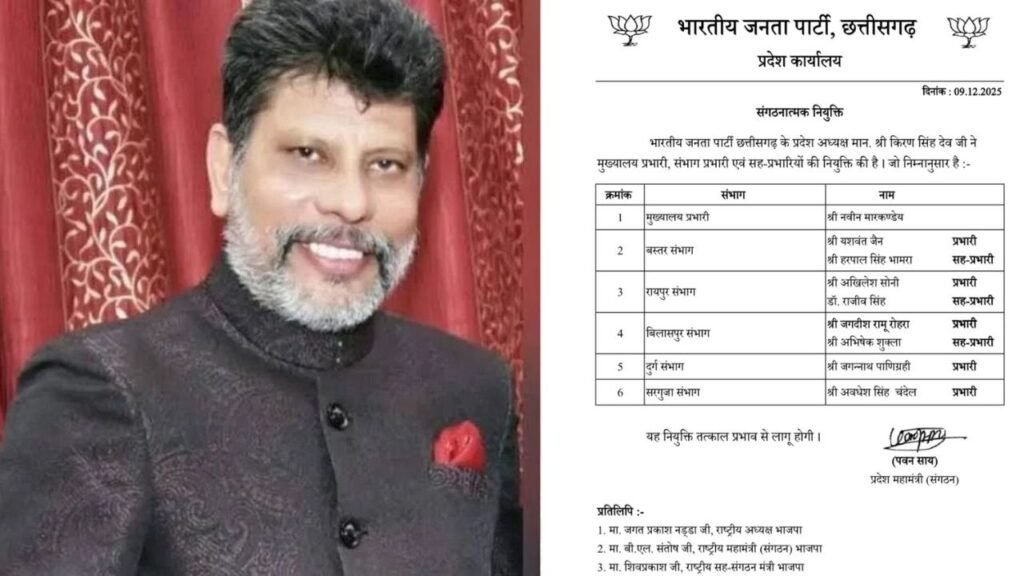 BJP की नई टीम तैयार…छत्तीसगढ़ में संभाग प्रभारियों की लिस्ट जारी, जानें नवीन मारकण्डेय की नई भूमिका और पार्टी की रणनीति