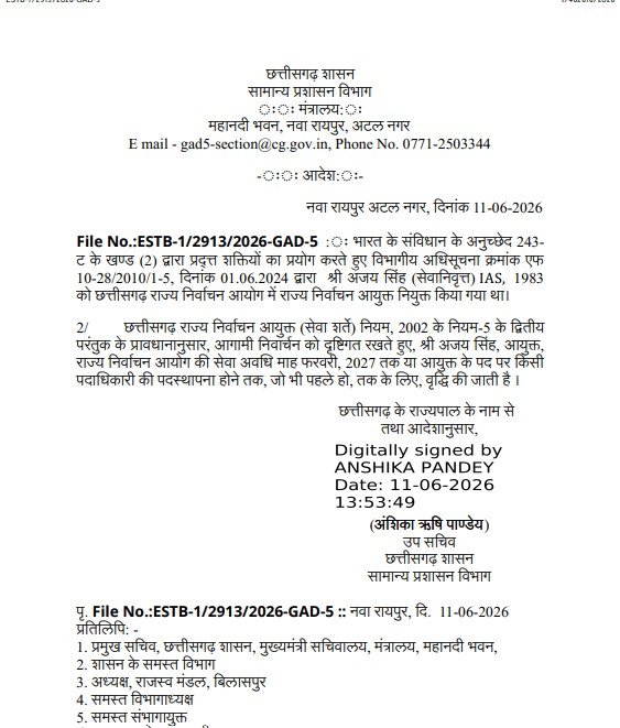 State Election Commission : चुनाव से पहले बड़ा फैसला…! राज्य निर्वाचन आयुक्त अजय सिंह का कार्यकाल बढ़ा…सामान्य प्रशासन विभाग ने जारी किया आदेश State Election Commission: Major decision ahead of the elections...! Tenure of State Election Commissioner Ajay Singh extended; General Administration Department issues order.