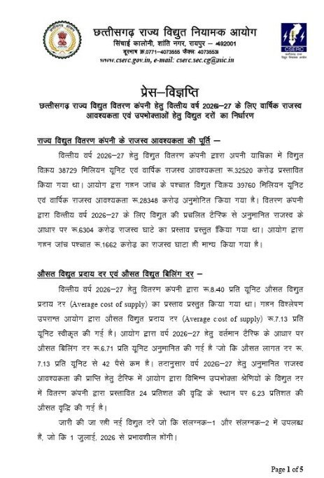 Electricity Rate Hike : छत्तीसगढ़ में बिजली बिल बढ़ेगा…! 1 जुलाई से नई दरें लागू…आयोग ने जारी की नई टैरिफ दरें…जानिए कितना असर पड़ेगा Electricity Rate Hike: Electricity bills to rise in Chhattisgarh...! New rates effective from July 1... Commission releases new tariff rates... Find out the impact.