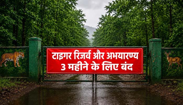 Forests Closed To Tourists : छत्तीसगढ़ के सभी टाइगर रिजर्व और अभयारण्य 3 महीने के लिए बंद Forest reserve gate with closure notice