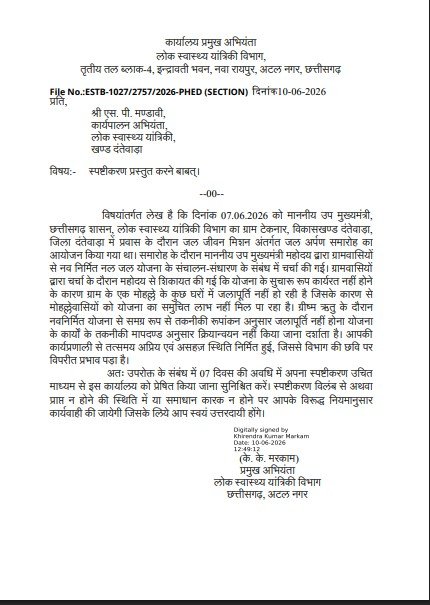 Jal Jeevan Mission : ग्रामीणों की शिकायत पड़ी भारी…! अरुण साव के दौरे के बाद कोंडागांव-दंतेवाड़ा के इंजीनियरों पर गिरी गाज…दो EE को नोटिस जारी Jal Jeevan Mission: Villagers' complaints prove costly...! Engineers in Kondagaon and Dantewada face the axe following Arun Sao's visit; notices issued to two Executive Engineers.