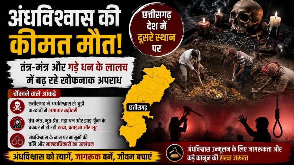 अंधविश्वास की कीमत मौत: तंत्र-मंत्र और गड़े धन के लालच में बढ़ रहे खौफनाक अपराध, छत्तीसगढ़ देश में दूसरे स्थान पर अंधविश्वास की कीमत मौत: तंत्र-मंत्र और गड़े धन के लालच में बढ़ रहे खौफनाक अपराध, छत्तीसगढ़ देश में दूसरे स्थान पर
